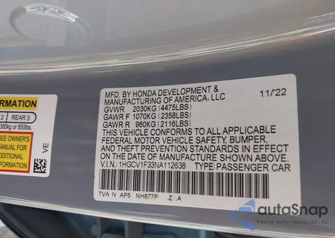 2022 Honda Accord Sport from USA, damaged, VIN 1HGCV1F33NA112638